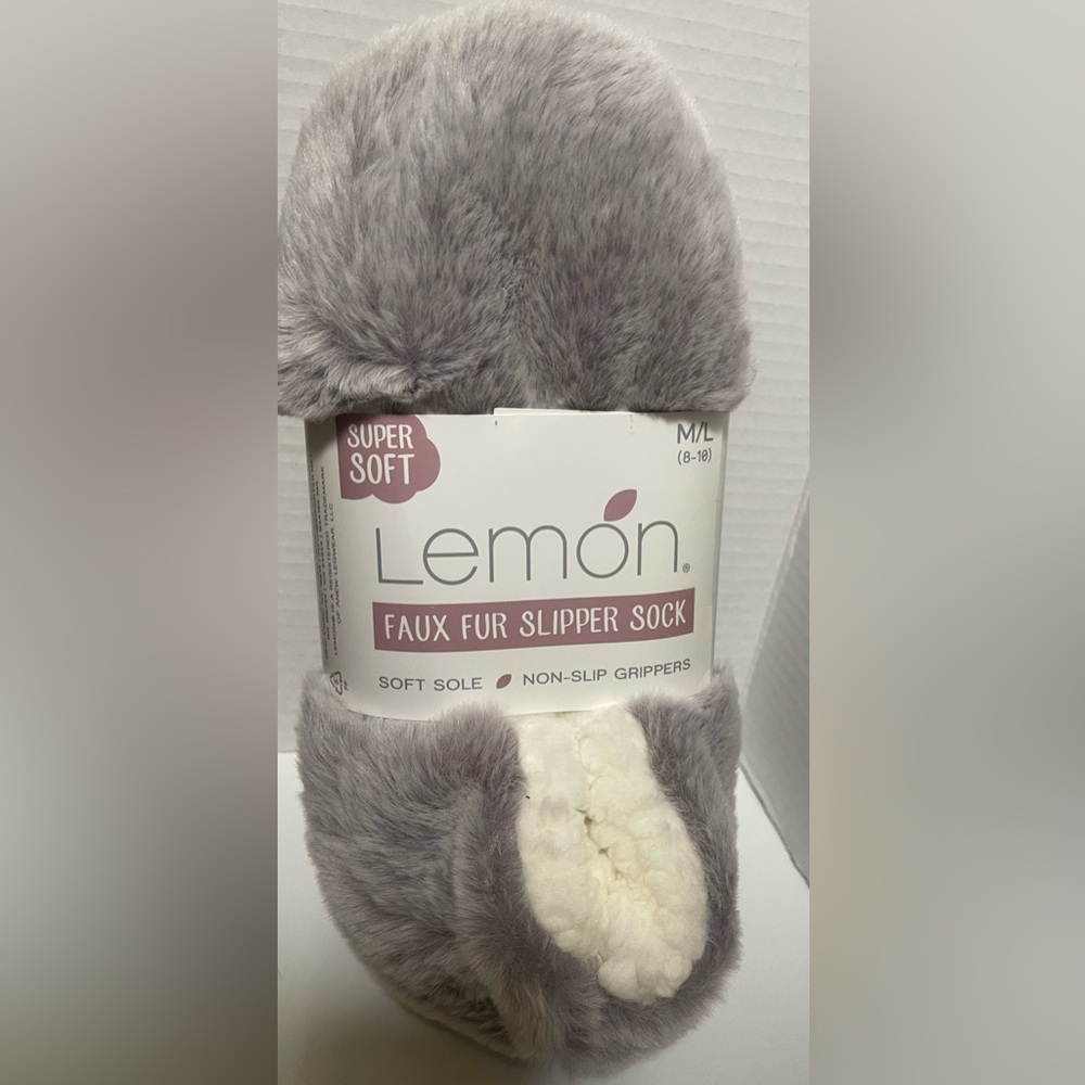 Lemon Gray Faux Fur Slipper Socks M/L